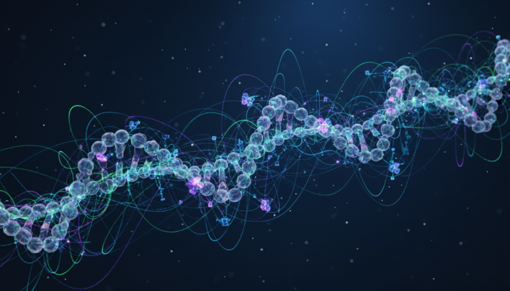 Abstract visualization of neural network overlaying a 3D molecular model, glowing data streams connecting nodes