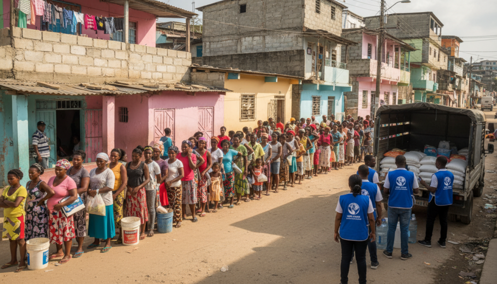 Aid distribution line in urban Haitian neighborhood