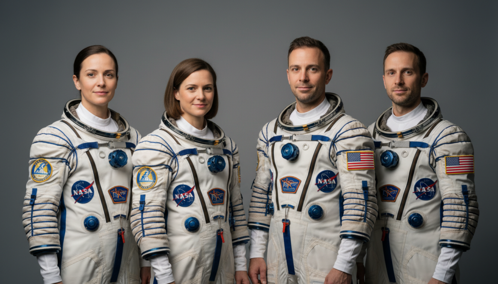 Artemis II crew in their space suits.
