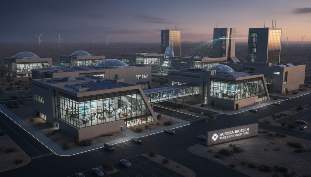 Wide shot of a research facility at dusk, lights glowing inside