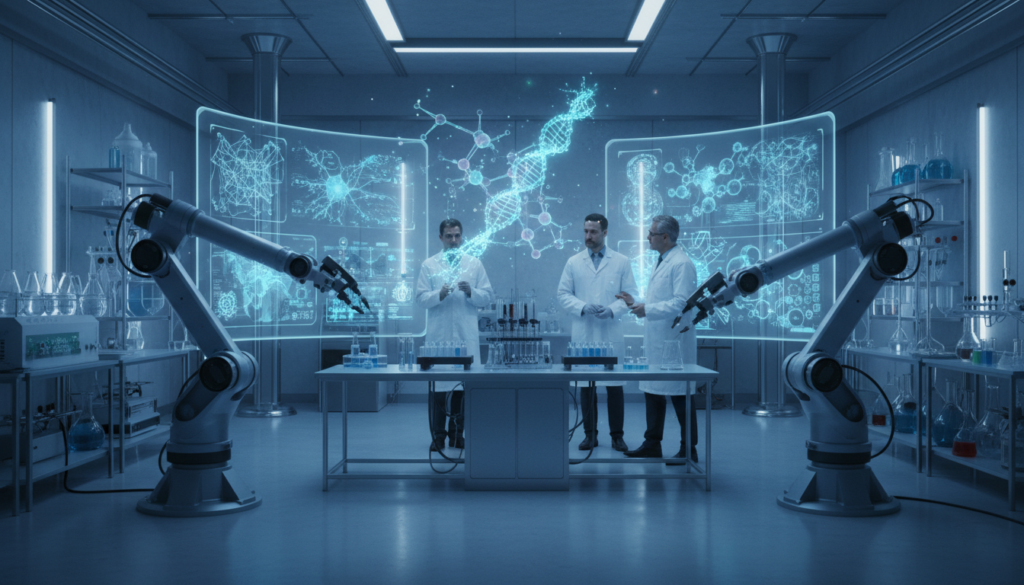 laboratory scene with robotic arms handling vials and microplates