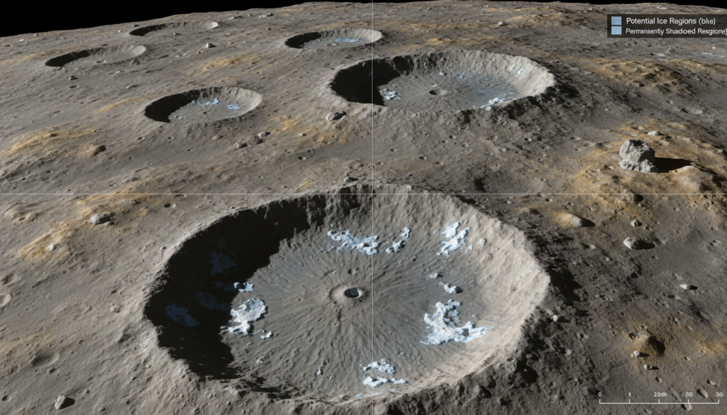 rendering of lunar south pole terrain with shadowed craters and water ice